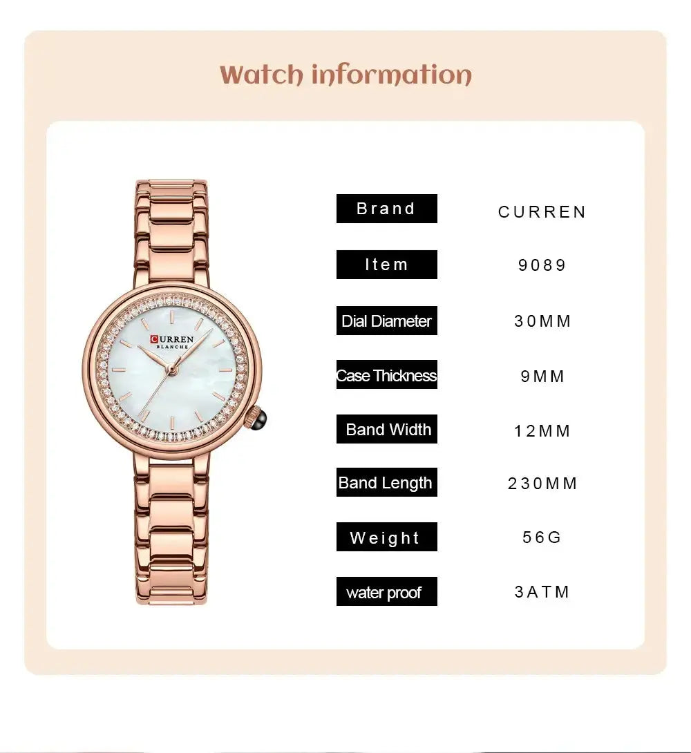 CURREN Luxury Watch Women Ring Necklace with rose gold stainless steel band, 30MM dial diameter, waterproof feature and elegant design.