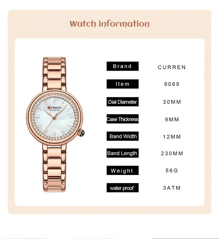 CURREN Luxury Watch Women Ring Necklace with rose gold stainless steel band, 30MM dial diameter, waterproof feature and elegant design.