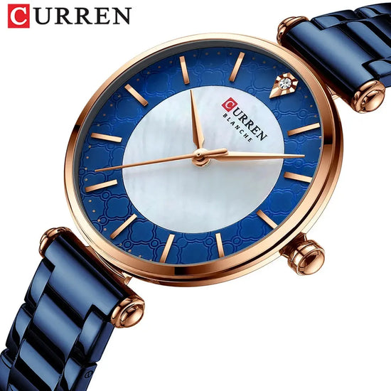CURREN Women Luxury Quartz Watch with blue  stainless steel strap 